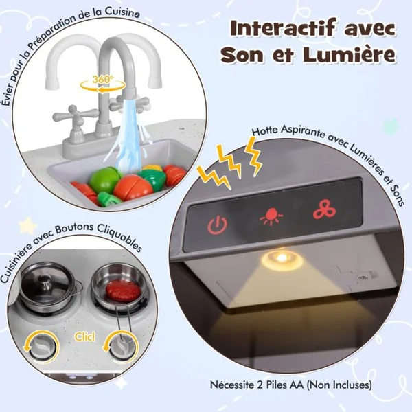 Ensemble de Cuisine d'Angle pour Enfants de 3+ Ans avec Lumière et Machine à Glaçons Micro-Ondes Hotte Aspirante Téléphone Marron