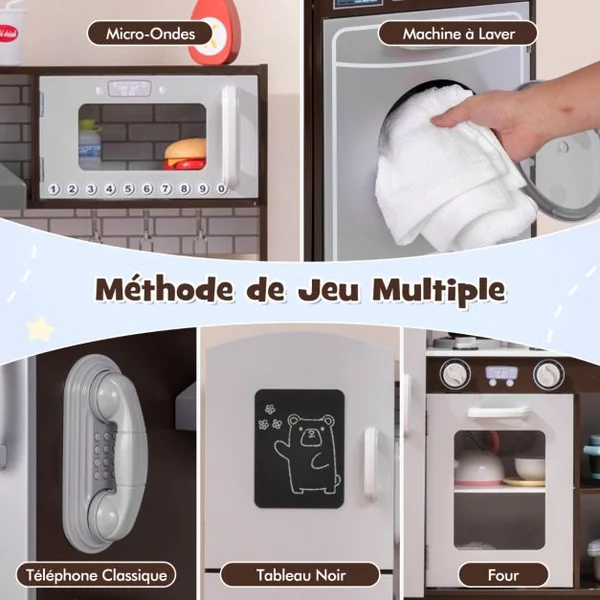 Ensemble de Cuisine d'Angle pour Enfants de 3+ Ans avec Lumière et Machine à Glaçons Micro-Ondes Hotte Aspirante Téléphone Marron