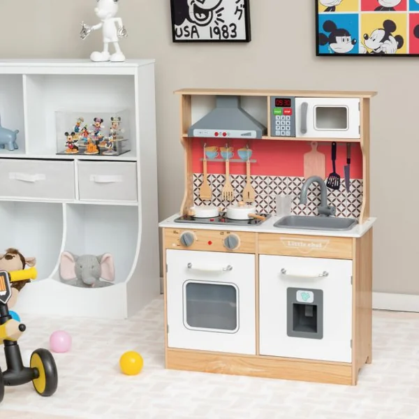 Ensemble de Cuisine en Bois avec Casseroles Ustensiles 3 Blocs de Glaçons Hotte Audio et Lumières pour Enfants de 3 à 7 Ans