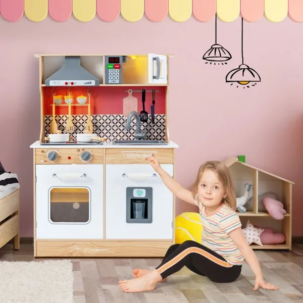 Ensemble de Cuisine en Bois avec Casseroles Ustensiles 3 Blocs de Glaçons Hotte Audio et Lumières pour Enfants de 3 à 7 Ans