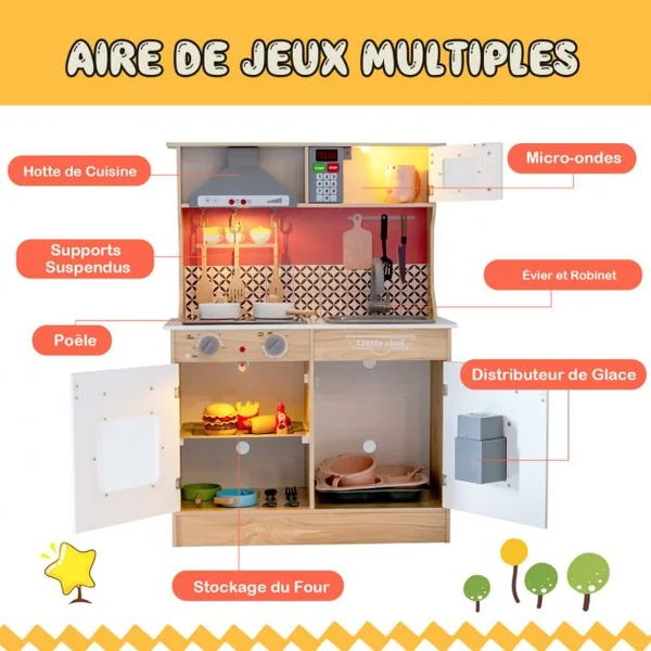 Ensemble de Cuisine en Bois avec Casseroles Ustensiles 3 Blocs de Glaçons Hotte Audio et Lumières pour Enfants de 3 à 7 Ans