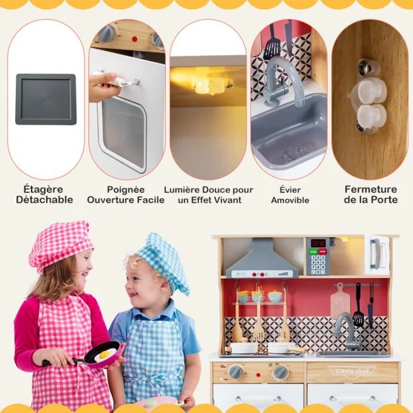 Ensemble de Cuisine en Bois avec Casseroles Ustensiles 3 Blocs de Glaçons Hotte Audio et Lumières pour Enfants de 3 à 7 Ans