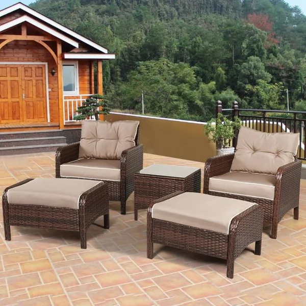 Ensemble de Dalon de Jardin en Résine Tressée Table en Verre avec 2 Fauteuils 2 Ottomans avec Coussins Café