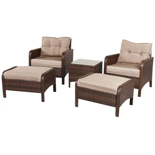 Ensemble de Dalon de Jardin en Résine Tressée Table en Verre avec 2 Fauteuils 2 Ottomans avec Coussins Café