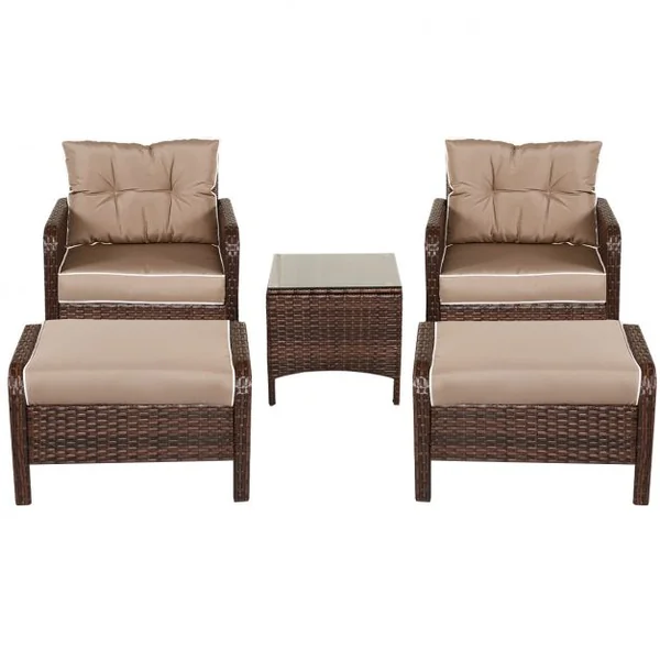 Ensemble de Dalon de Jardin en Résine Tressée Table en Verre avec 2 Fauteuils 2 Ottomans avec Coussins Café