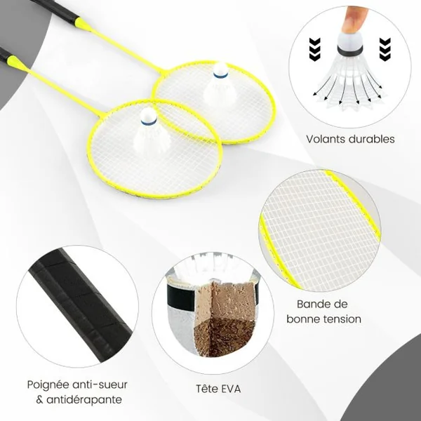 Ensemble de Filet et Raquettes de Badminton Ensemble de Badminton Portable 2 Volants Filet Premium 2 Raquettes Boîte de Rangement Jeu Noir