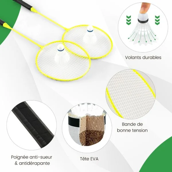 Ensemble de Filet et Raquettes de Badminton Ensemble de Badminton Portable 2 Volants Filet Premium 2 Raquettes Boîte de Rangement Jeu Vert