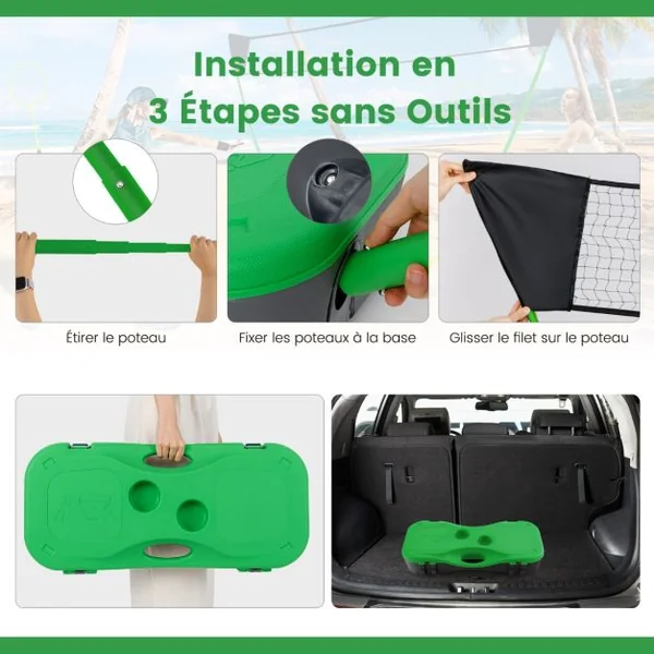 Ensemble de Filet et Raquettes de Badminton Ensemble de Badminton Portable 2 Volants Filet Premium 2 Raquettes Boîte de Rangement Jeu Vert