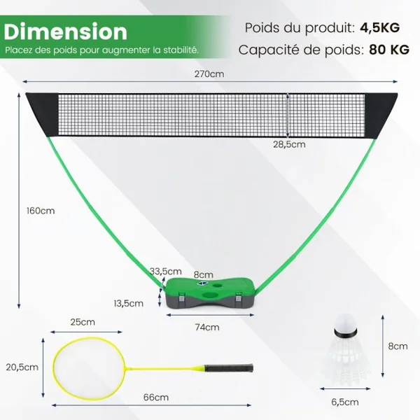 Ensemble de Filet et Raquettes de Badminton Ensemble de Badminton Portable 2 Volants Filet Premium 2 Raquettes Boîte de Rangement Jeu Vert