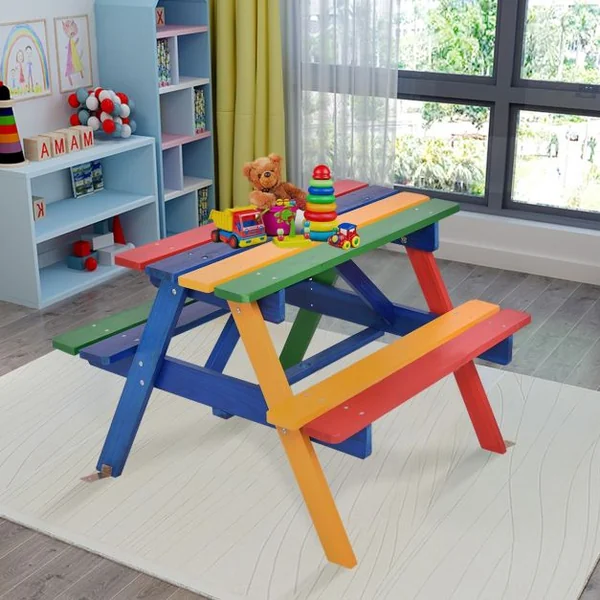Ensemble de Jardin 1 Table eu 2 Bancs avec Parasol pour Enfants Table à Pique-Nique en Bois
