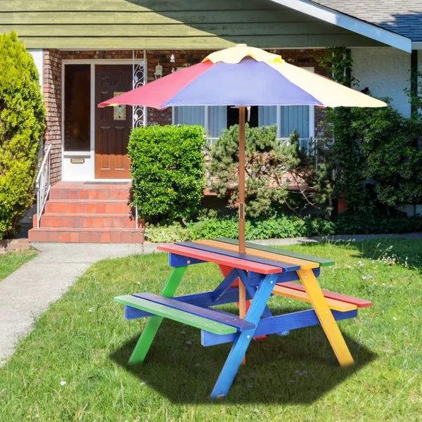Ensemble de Jardin 1 Table eu 2 Bancs avec Parasol pour Enfants Table à Pique-Nique en Bois