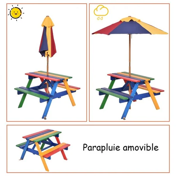 Ensemble de Jardin 1 Table eu 2 Bancs avec Parasol pour Enfants Table à Pique-Nique en Bois