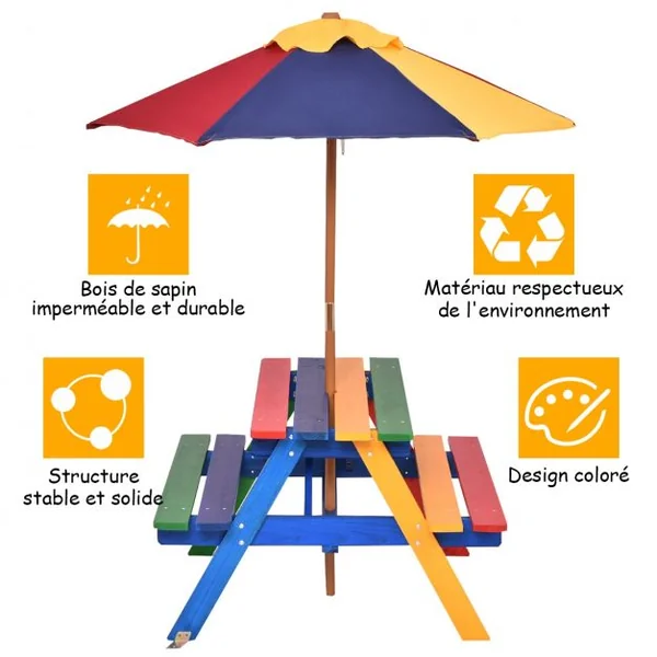 Ensemble de Jardin 1 Table eu 2 Bancs avec Parasol pour Enfants Table à Pique-Nique en Bois