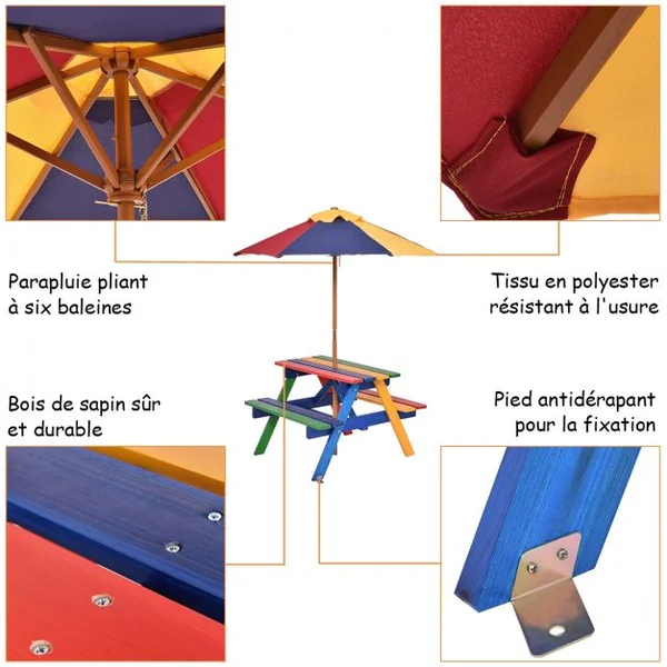 Ensemble de Jardin 1 Table eu 2 Bancs avec Parasol pour Enfants Table à Pique-Nique en Bois