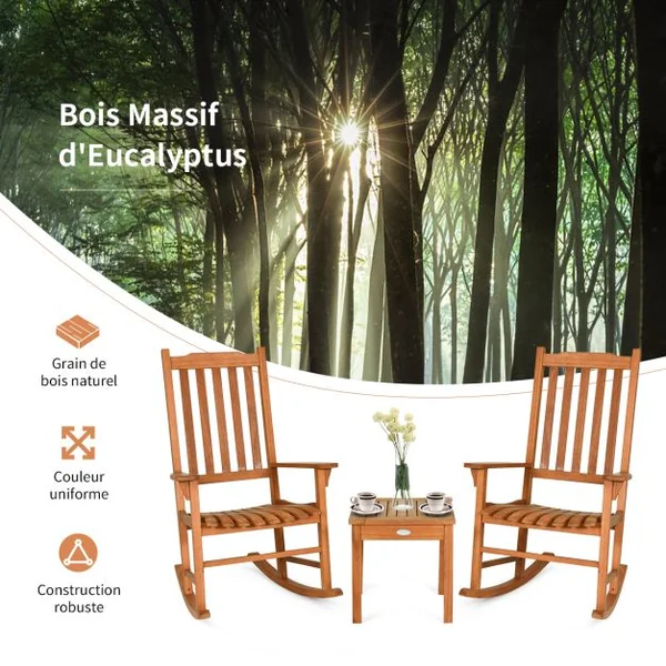 Ensemble de Jardin 3 Pièces Table et 2 Chaises à Bascule en Bois d’Eucalyptus Salon de Jardin pour Balcon Terrasse