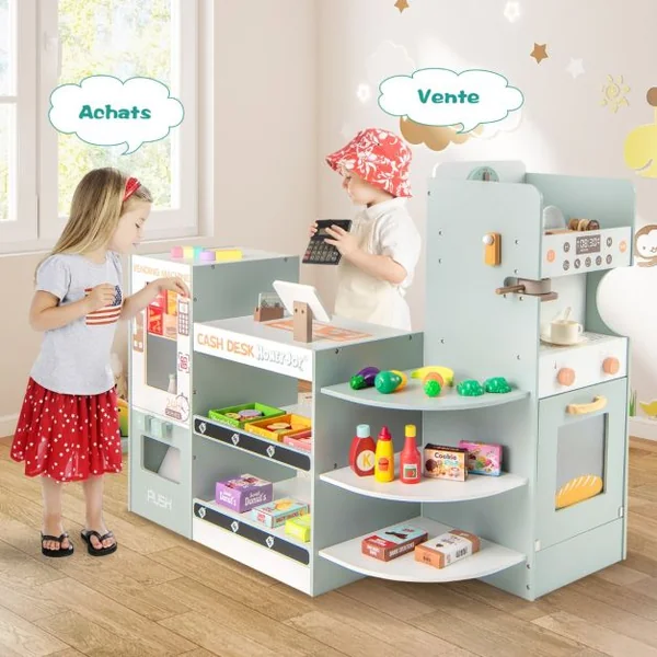 Ensemble de Jeu d'Epicerie pour Enfants Supermarché en Bois avec Distributeur Automatique Comptoir de Caisse pour 3+ Ans Gris
