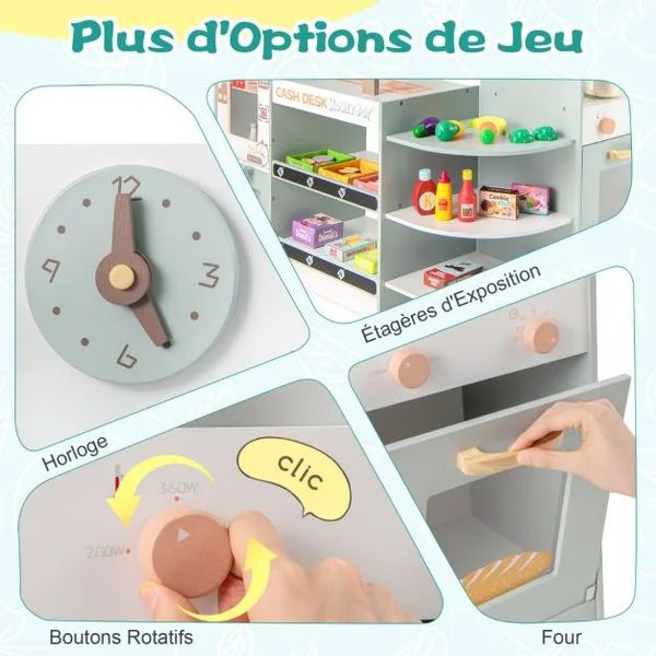 Ensemble de Jeu d'Epicerie pour Enfants Supermarché en Bois avec Distributeur Automatique Comptoir de Caisse pour 3+ Ans Gris