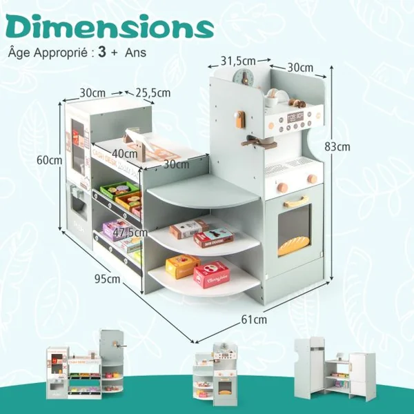 Ensemble de Jeu d'Epicerie pour Enfants Supermarché en Bois avec Distributeur Automatique Comptoir de Caisse pour 3+ Ans Gris