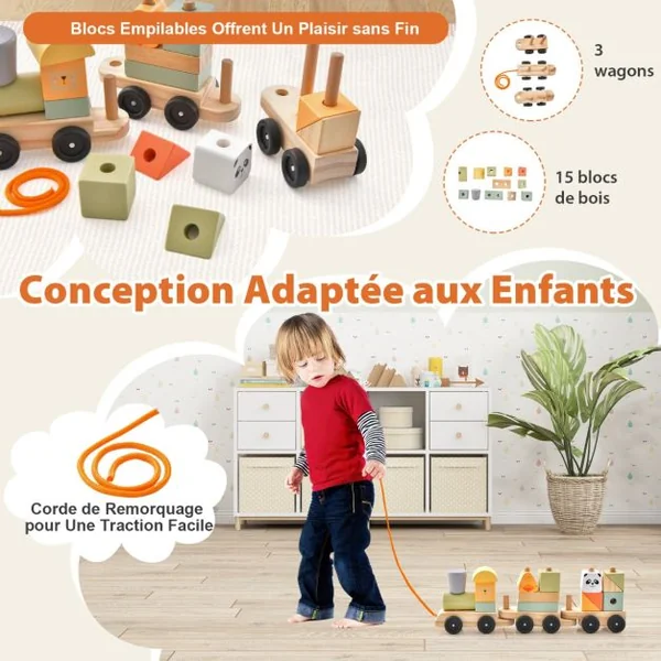 Ensemble de Jouet de Train en Bois 3 Sections Blocs de Construction Empilables Motifs d'Animaux pour Les Tout-petits