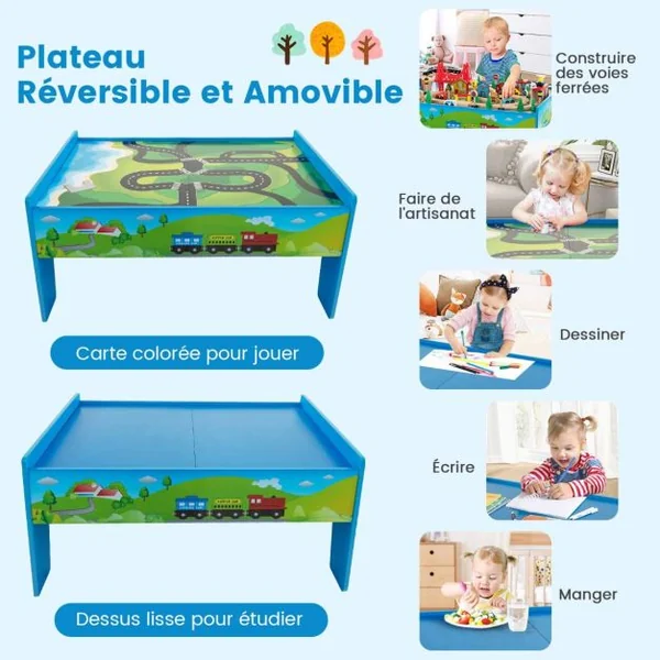 Ensemble De Jouets De Train Et Table En Bois 80 Pièces Plateau Réversible Et Amovible Tiroir Rails En Bois Massif Figurines Bleu