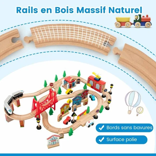 Ensemble De Jouets De Train Et Table En Bois 80 Pièces Plateau Réversible Et Amovible Tiroir Rails En Bois Massif Figurines Bleu