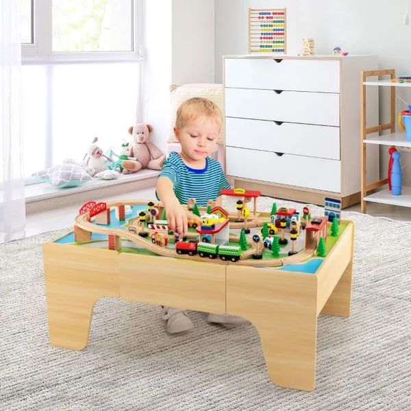 Ensemble De Jouets De Train Et Table En Bois 84 Pièces Plateau Réversible Et Amovible Tiroir Rails En Bois Massif Figurines