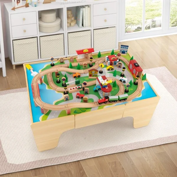 Ensemble De Jouets De Train Et Table En Bois 84 Pièces Plateau Réversible Et Amovible Tiroir Rails En Bois Massif Figurines