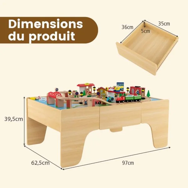 Ensemble De Jouets De Train Et Table En Bois 84 Pièces Plateau Réversible Et Amovible Tiroir Rails En Bois Massif Figurines