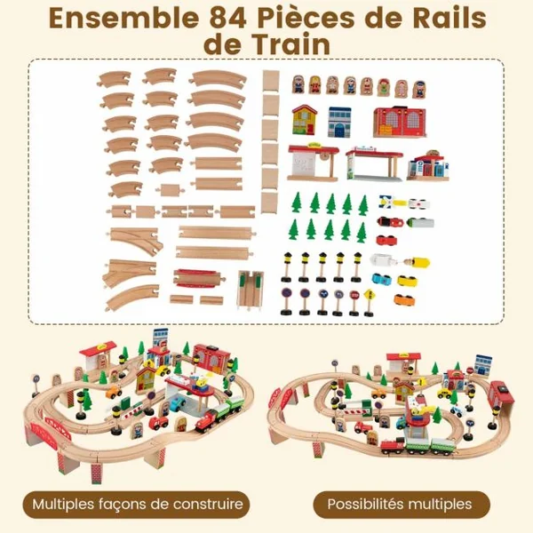 Ensemble De Jouets De Train Et Table En Bois 84 Pièces Plateau Réversible Et Amovible Tiroir Rails En Bois Massif Figurines