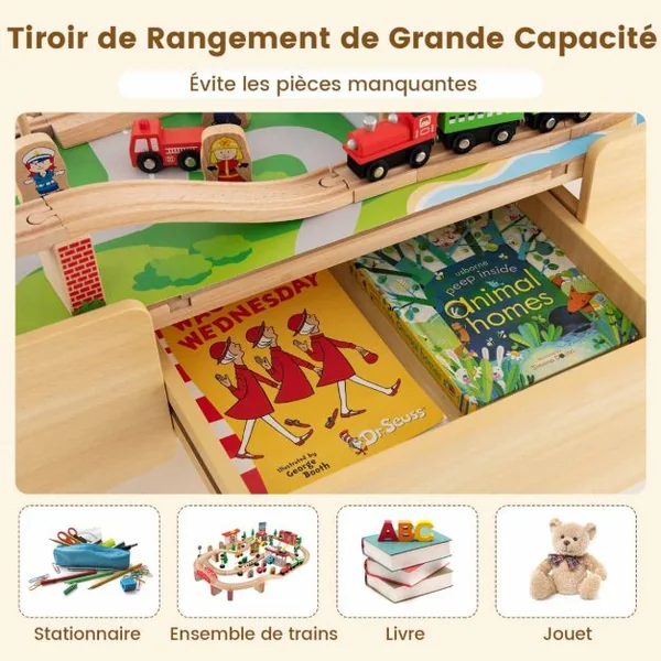 Ensemble De Jouets De Train Et Table En Bois 84 Pièces Plateau Réversible Et Amovible Tiroir Rails En Bois Massif Figurines