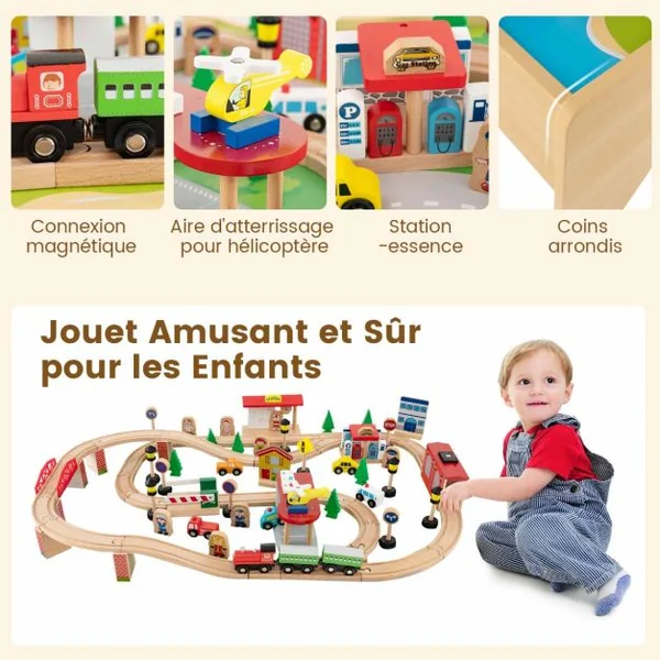 Ensemble De Jouets De Train Et Table En Bois 84 Pièces Plateau Réversible Et Amovible Tiroir Rails En Bois Massif Figurines
