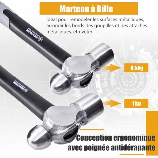 Ensemble de Marteaux 5PCS en Fer avec Poignée de Réduction des Chocs Kit Multi-outils avec Marteau à Panne Ronde et Panne Croisée Maillet