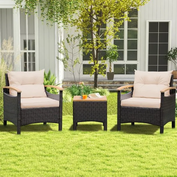 Ensemble de Meubles 3 Pièces de Patio en Rotin Charge 160KG Salon de Jardin 2 Fauteuils Table Basse avec Coussin Amovible pour Jardin Blanc/Marron