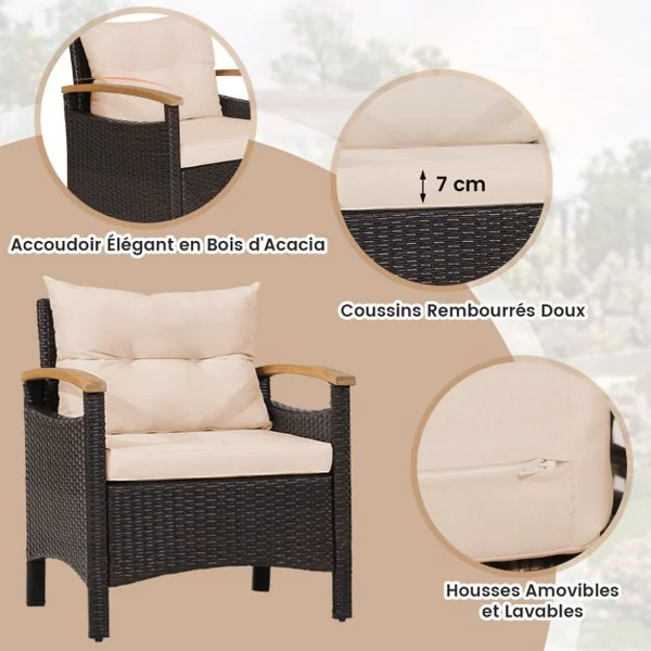 Ensemble de Meubles 3 Pièces de Patio en Rotin Charge 160KG Salon de Jardin 2 Fauteuils Table Basse avec Coussin Amovible pour Jardin Blanc/Marron