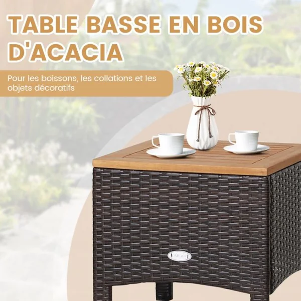 Ensemble de Meubles 3 Pièces de Patio en Rotin Charge 160KG Salon de Jardin 2 Fauteuils Table Basse avec Coussin Amovible pour Jardin Blanc/Marron