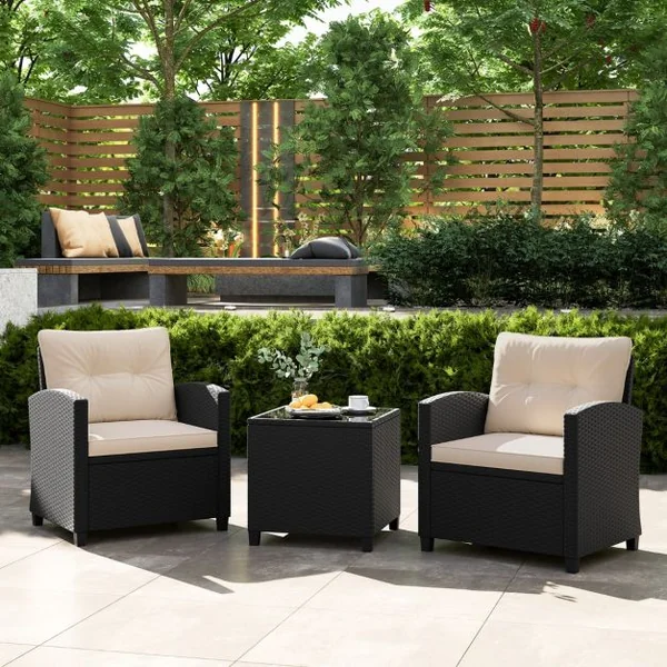 Ensemble de Meubles 3 Pièces de Patio en Rotin Charge 180KG Salon de Jardin 2 Fauteuils Table Basse avec Plateau Noir/Beige/Blanc