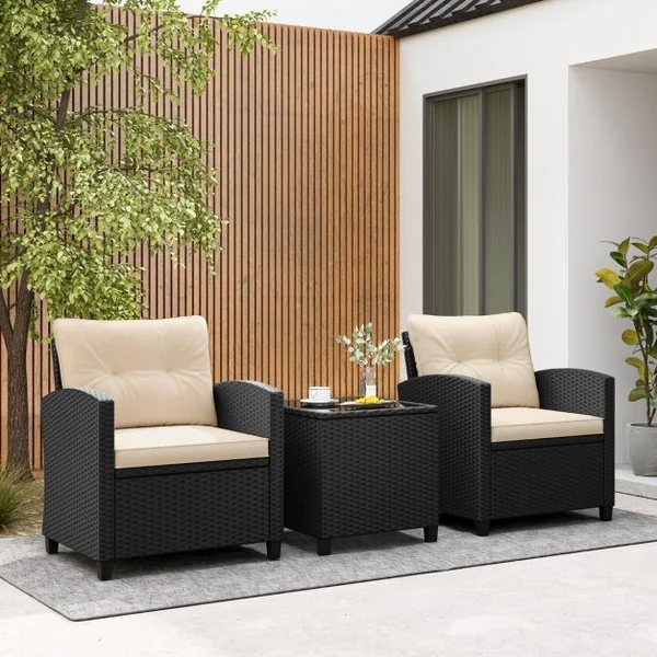 Ensemble de Meubles 3 Pièces de Patio en Rotin Charge 180KG Salon de Jardin 2 Fauteuils Table Basse avec Plateau Noir/Beige/Blanc