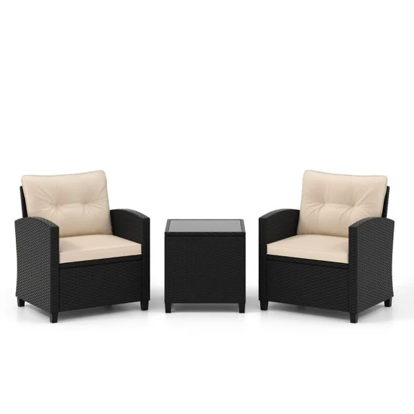 Ensemble de Meubles 3 Pièces de Patio en Rotin Charge 180KG Salon de Jardin 2 Fauteuils Table Basse avec Plateau Noir/Beige/Blanc