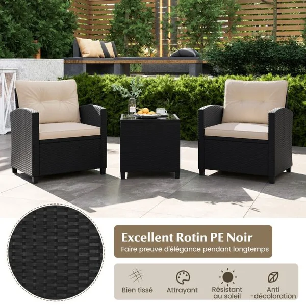 Ensemble de Meubles 3 Pièces de Patio en Rotin Charge 180KG Salon de Jardin 2 Fauteuils Table Basse avec Plateau Noir/Beige/Blanc