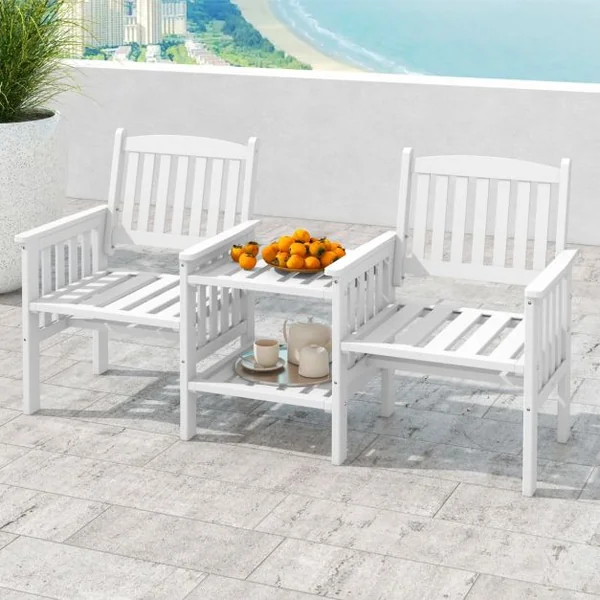 Ensemble de Meubles de Patio 2 Places en Bois de Sapin Salon de Jardin avec 2 Chaises à Lattes Table Basse Blanc