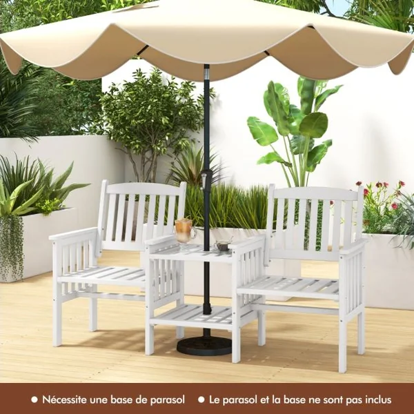 Ensemble de Meubles de Patio 2 Places en Bois de Sapin Salon de Jardin avec 2 Chaises à Lattes Table Basse Blanc