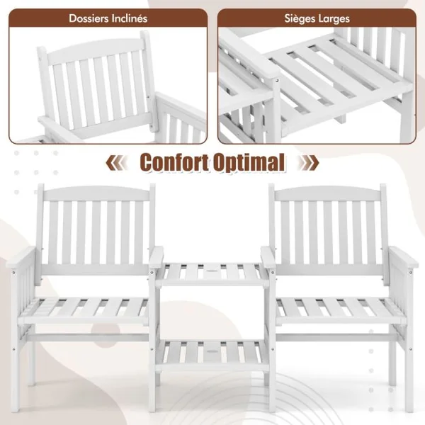 Ensemble de Meubles de Patio 2 Places en Bois de Sapin Salon de Jardin avec 2 Chaises à Lattes Table Basse Blanc
