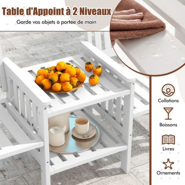 Ensemble de Meubles de Patio 2 Places en Bois de Sapin Salon de Jardin avec 2 Chaises à Lattes Table Basse Blanc