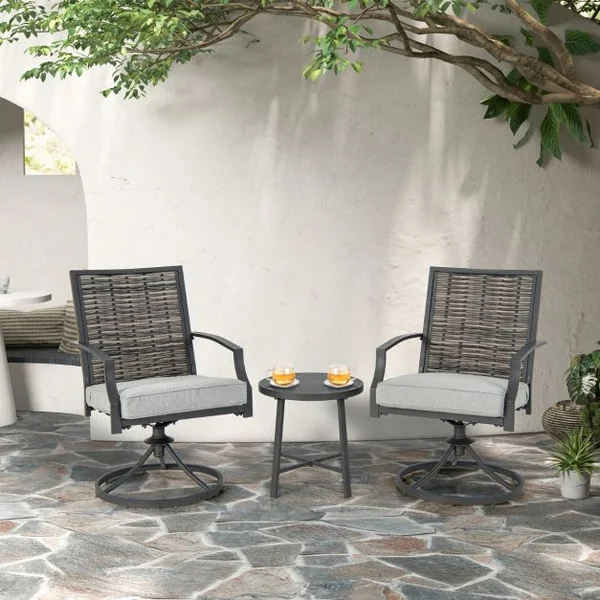 Ensemble de Meubles de Patio 3 Pièces Salon de Jardin avec Chaises en Osier Pivotantes Table Basse Coussins de Siège Cadre en Métal Robuste