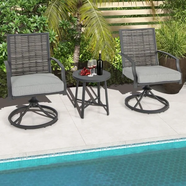 Ensemble de Meubles de Patio 3 Pièces Salon de Jardin avec Chaises en Osier Pivotantes Table Basse Coussins de Siège Cadre en Métal Robuste