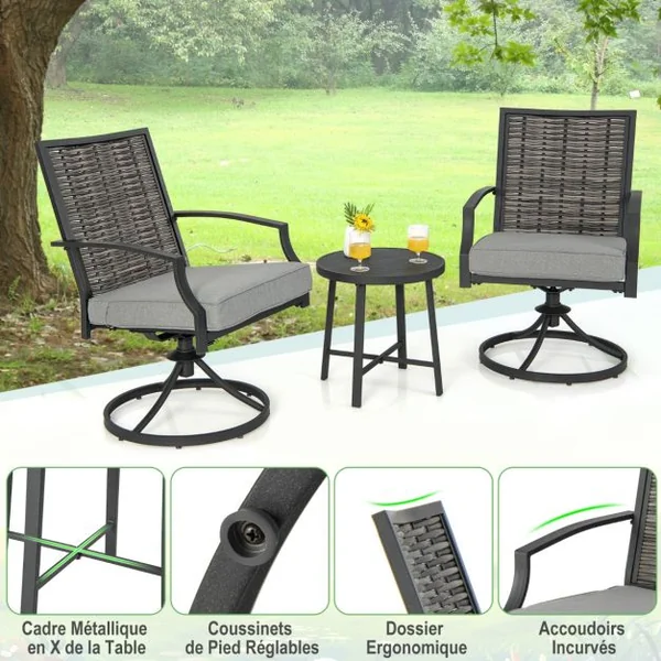Ensemble de Meubles de Patio 3 Pièces Salon de Jardin avec Chaises en Osier Pivotantes Table Basse Coussins de Siège Cadre en Métal Robuste