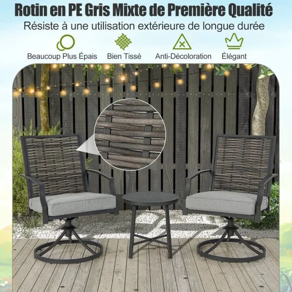 Ensemble de Meubles de Patio 3 Pièces Salon de Jardin avec Chaises en Osier Pivotantes Table Basse Coussins de Siège Cadre en Métal Robuste