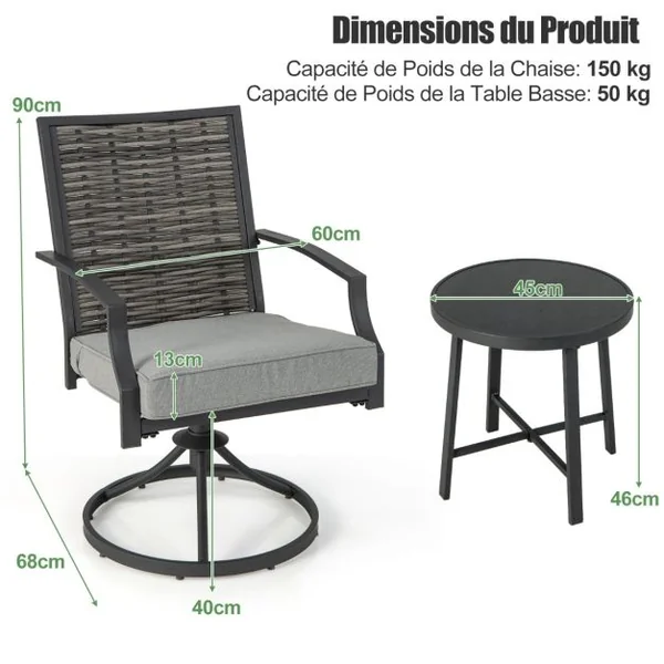 Ensemble de Meubles de Patio 3 Pièces Salon de Jardin avec Chaises en Osier Pivotantes Table Basse Coussins de Siège Cadre en Métal Robuste