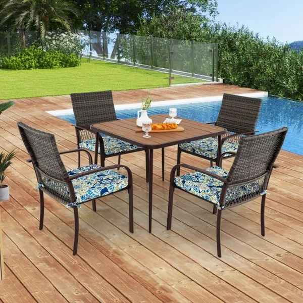 Ensemble de Meubles de Patio 5 Pièces Salon de Jardin 4 Fauteuils en Rotin avec Coussins et Table Carrée avec Trou pour Parasol