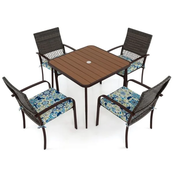 Ensemble de Meubles de Patio 5 Pièces Salon de Jardin 4 Fauteuils en Rotin avec Coussins et Table Carrée avec Trou pour Parasol